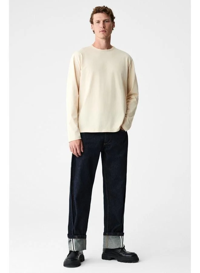 GRIMELANGE GRAVS Men's 100% Cotton Soft Fabric Round Neck Long Sleeve Beige T-Shirt.