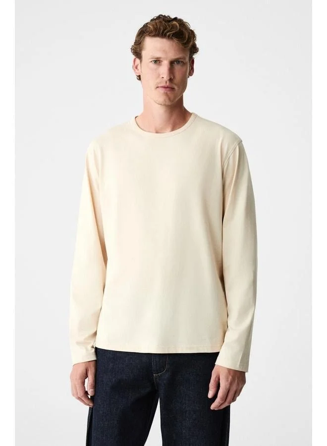 GRIMELANGE GRAVS Men's 100% Cotton Soft Fabric Round Neck Long Sleeve Beige T-Shirt.