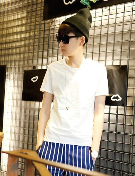 Yiku Mens Summer Mens Short Sleeve T-Shirt Korean Style Slim Solid Color V-Neck Base Shirt for Men with Free Shipping White crew neck 