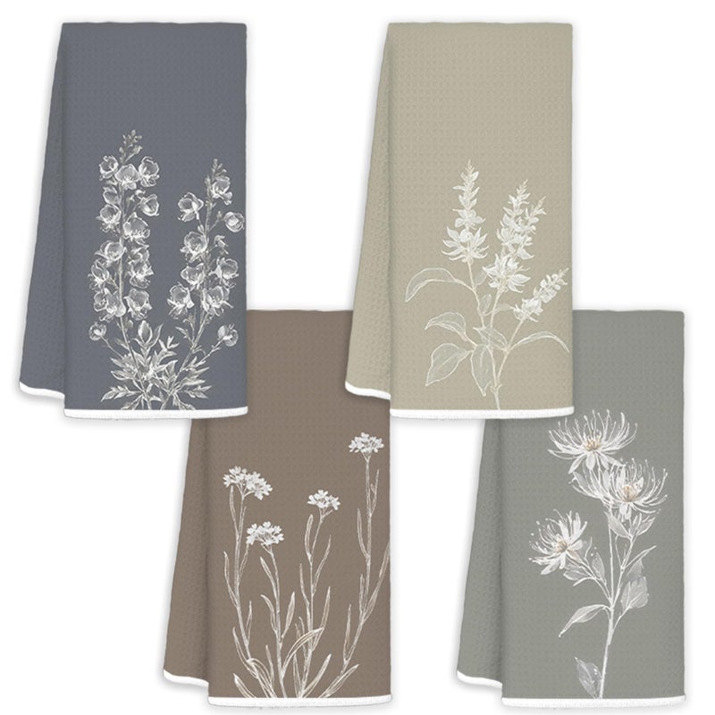 JINYO Minimalist Boho Floral Hand Towels for Bathroom Set of 4, Neutral Botanical Decorative Towels for Kitchen Spa Guest Bathroom Decor, Wildflower Decor Dish Tea Towels, 16x24 Inch - Image 1