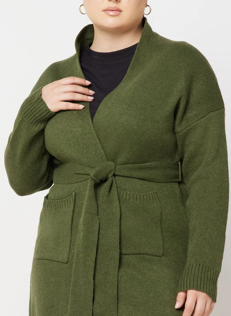 Ella Plus Pocket Detail Tie Waist Cardigan