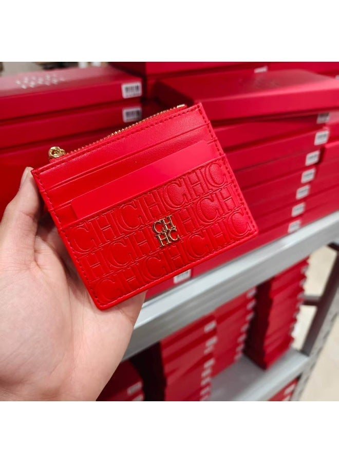 CAROLINA HERRERA Red Card Holder Zip Closure Slim Portable Comfortable Unisex Gift Box for Cash Cards Daily Commute - Image 1