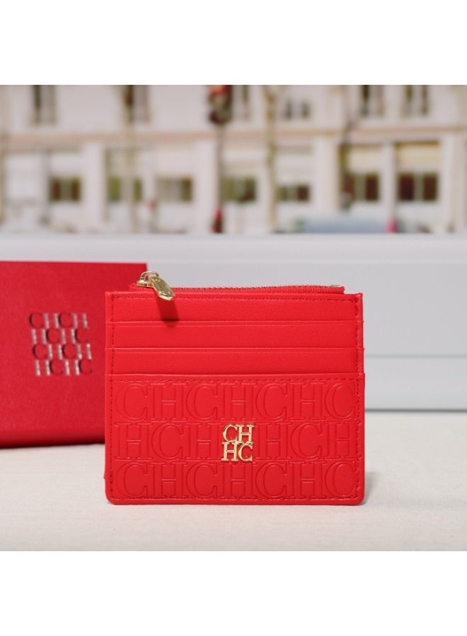 CAROLINA HERRERA Red Card Holder Zip Closure Slim Portable Comfortable Unisex Gift Box for Cash Cards Daily Commute - Image 3