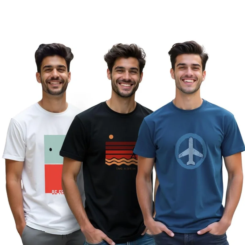 نوبيرو Men's Graphic Printed Cotton T-Shirt Pack of 3