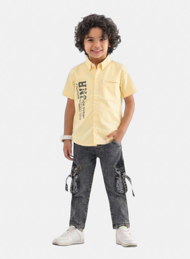 Bongo Boys Cotton Shirt & Jeans Pants Set Yellow & Grey - Kids Casual Wear