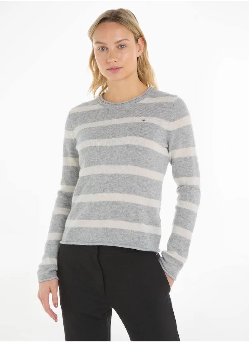 TOMMY HILFIGER Women's Crew Neck Wool Jumper Sweater, Grey