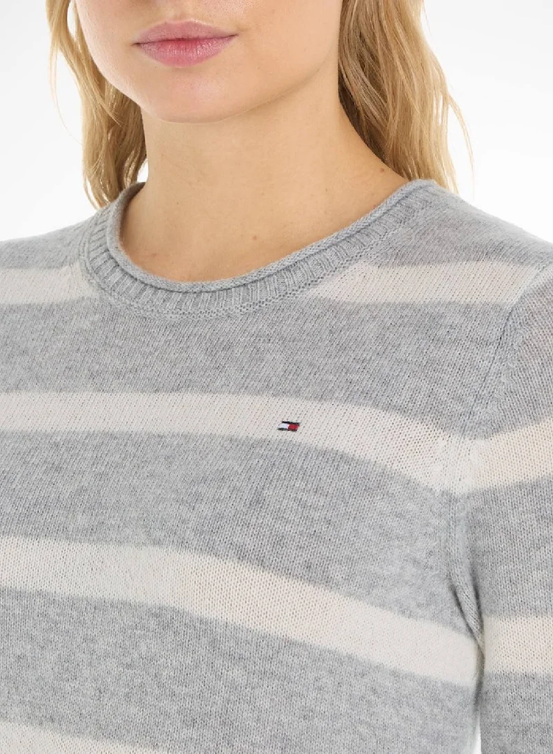 Tommy Hilfiger Breton Stp Grey Heather/Ecru Crew Neck Wool Sweater for Women | Best Price UAE