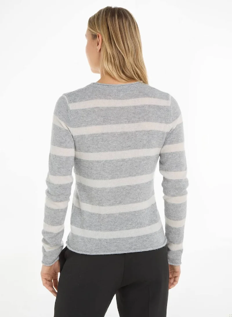 Tommy Hilfiger Breton Stp Grey Heather/Ecru Crew Neck Wool Sweater for Women | Best Price UAE
