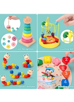 General 6PCS Kids Wooden Toys,Montessori Wooden Toys Set Preschool Educational Learning Toys for Kids ,stacking ring+color sorting clock with a rope+sorting puzzle+,Eight-tone xylophone+bead maze toy+deform  - Image 4