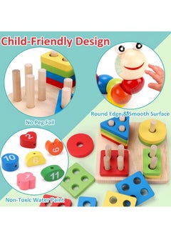 General 6PCS Kids Wooden Toys,Montessori Wooden Toys Set Preschool Educational Learning Toys for Kids ,stacking ring+color sorting clock with a rope+sorting puzzle+,Eight-tone xylophone+bead maze toy+deform  - Image 3