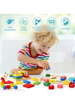 General 6PCS Kids Wooden Toys,Montessori Wooden Toys Set Preschool Educational Learning Toys for Kids ,stacking ring+color sorting clock with a rope+sorting puzzle+,Eight-tone xylophone+bead maze toy+deform  - Image 2
