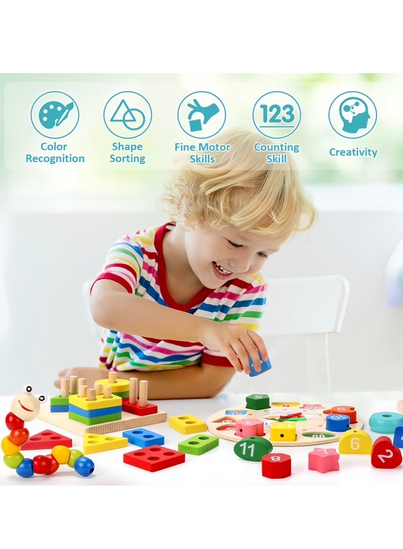 general 6PCS Kids Wooden Toys,Montessori Wooden Toys Set Preschool Educational Learning Toys for Kids ,stacking ring+color sorting clock with a rope+sorting puzzle+,Eight-tone xylophone+bead maze toy+deform - Image 2