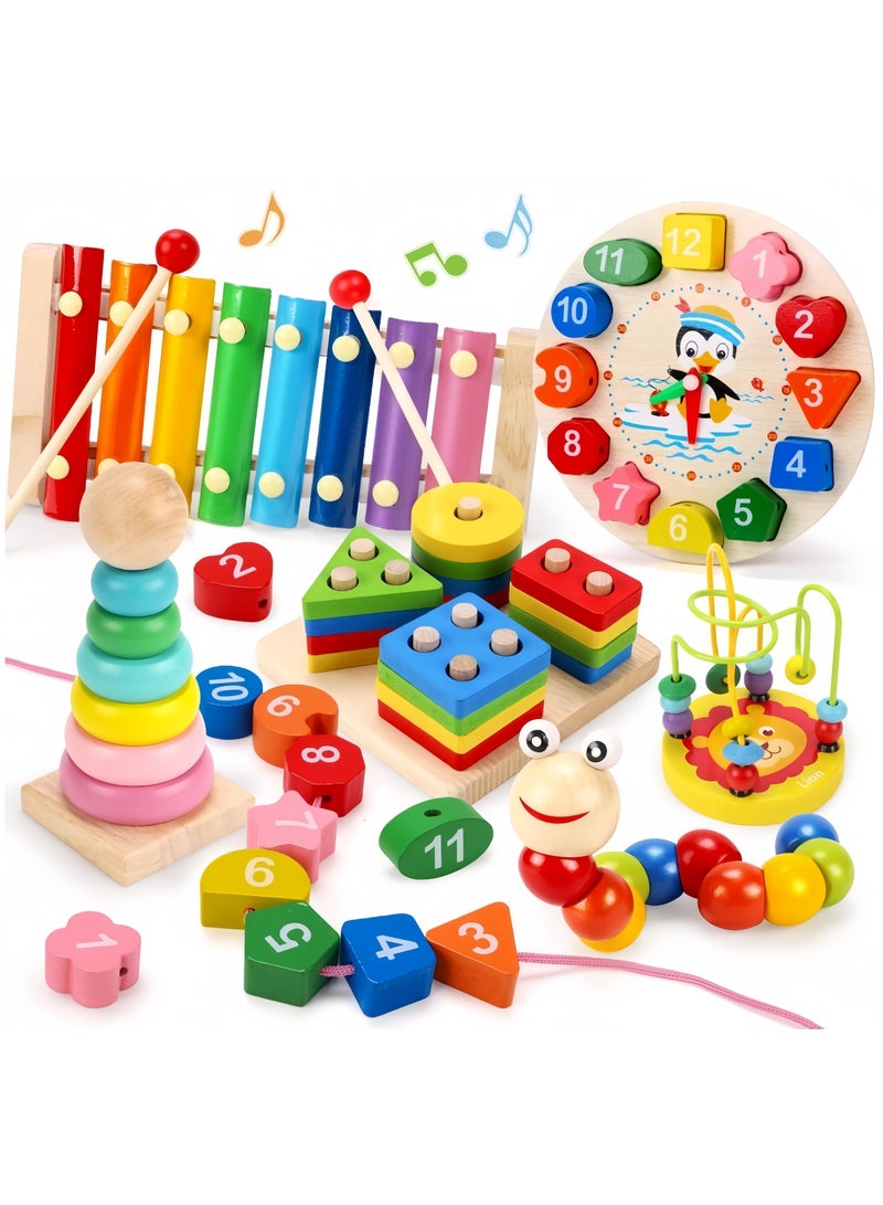 general 6PCS Kids Wooden Toys,Montessori Wooden Toys Set Preschool Educational Learning Toys for Kids ,stacking ring+color sorting clock with a rope+sorting puzzle+,Eight-tone xylophone+bead maze toy+deform - Image 1