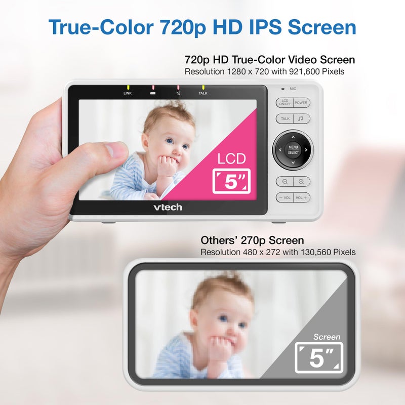 vtech مراقب الأطفال الذكي المحسن من VTech، كاميرا 1080p FHD وشاشة 5" HD IPS، تطبيق مجاني مع فيديو متحرك، كشف الصوت/الحركة والإشعارات، تحكم كامل عن بُعد مع ميزة التحريك والإمالة والتكبير: VM901 - Image 2