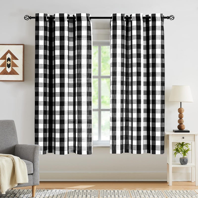 Jubilantex Black White Buffalo Check Semi Sheer Curtain Panels Gingham Plaid Textured Curtains DraperyFarmhouse Grommet Window Drapes for Living Room Bedroom Kids Room2 Panels40x63