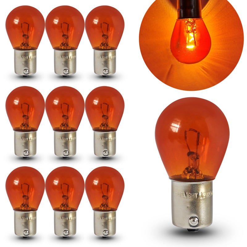 Tesnaao 10 PCS Car 1156 Turn Signal Light P21W 1141 S25 Waterproof High Brightness Stable Filament Halogen Bulb 12V 21W BA15S Single Contact Long Life Bulb Replacement Universal for Cars Amber - Image 3