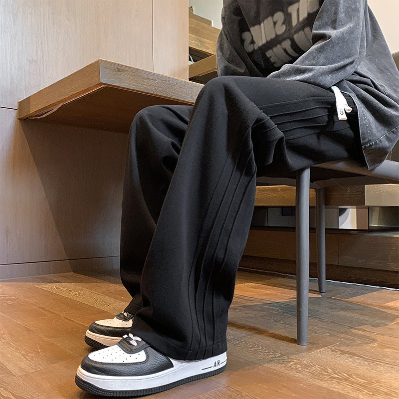 American casual pants womens autumn and winter loose wide-leg sports trousers smiley face waist rope mens and womens retro sweatpants one-piece delivery Black (Smiley pants rope) 