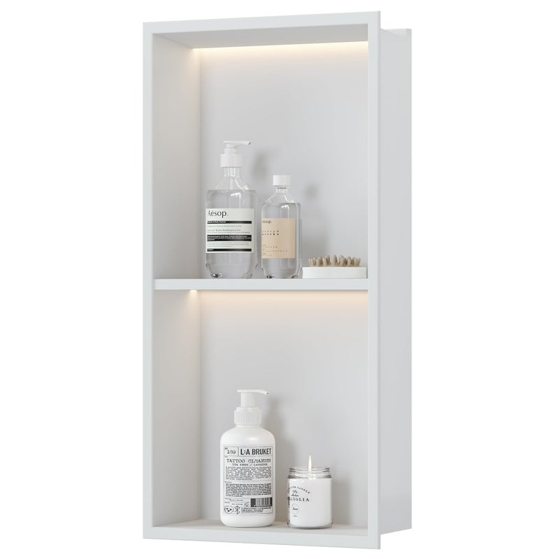 Qeke Stainless Steel Shower Niche 12 X 24 2Tiers No Tile Needed Wall Niche with Non Dimmable Led Light Recessed Shower Shelf Lighting for Bathroom Storage Over Mount Installation Matte White