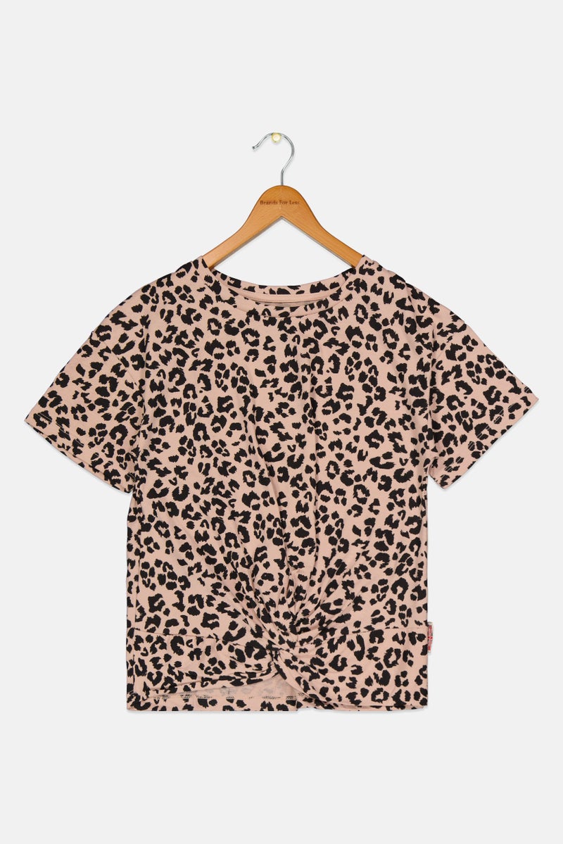 Hudson Kids Girl Crew Neck Short Sleeve Animal Print Top, Beige - Image 1