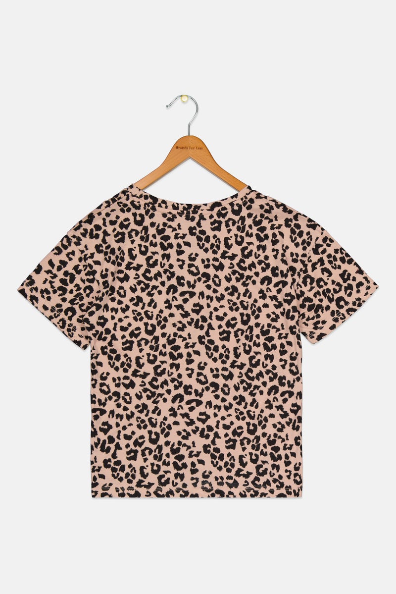 Hudson Kids Girl Crew Neck Short Sleeve Animal Print Top, Beige - Image 2