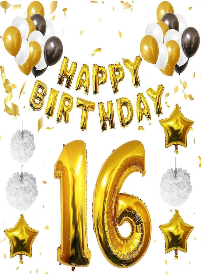 Secret 16th Birthday Balloons 26 Pcs Helium Balloon Happy Birthday Balloon Banner Number Foil Balloon for Birthday Party Decorations Latex Gold White Black Balloons