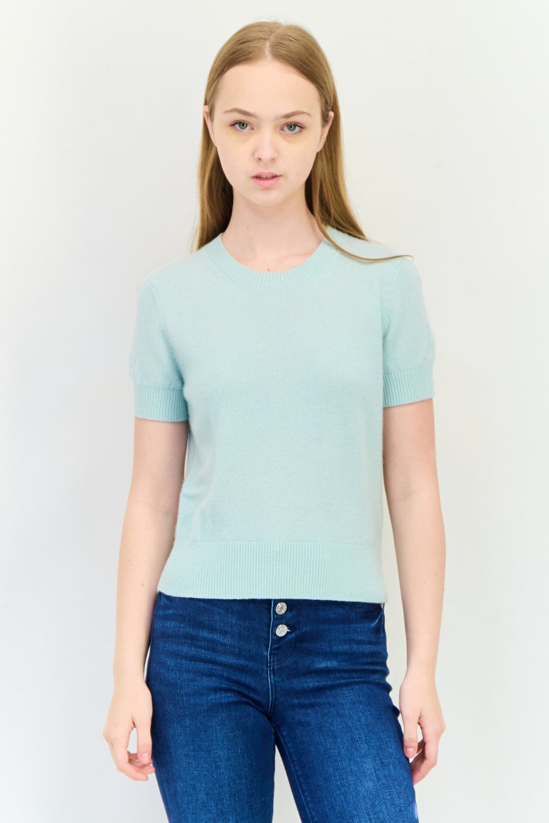 ESPRIT بلوزة نسائية قصيرة الأكمام مع ياقة مضلعة، أخضر فاتح - Image 1