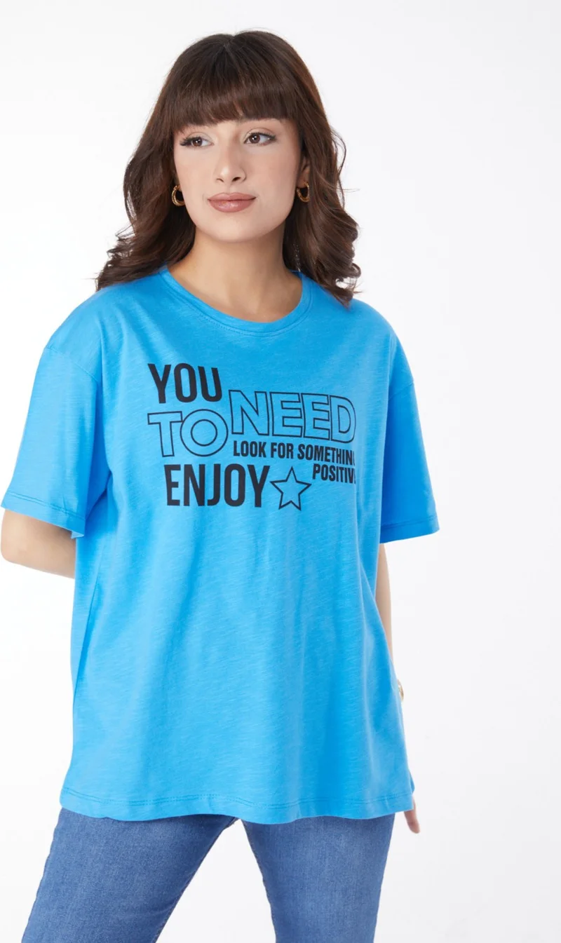 Tofisa Plain Crew Neck Women's Blue Printed T-Shirt - 25175