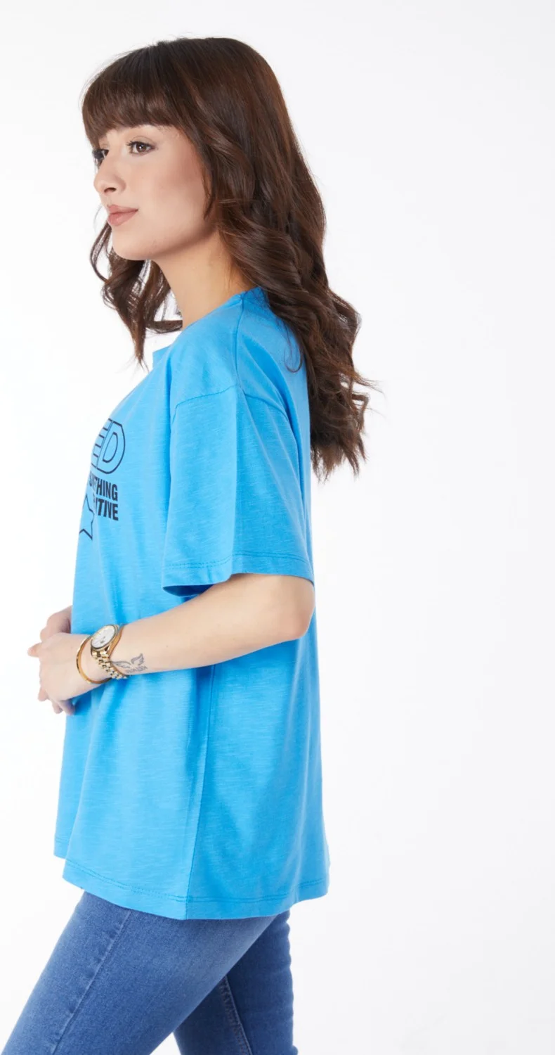 Tofisa Plain Crew Neck Women's Blue Printed T-Shirt - 25175