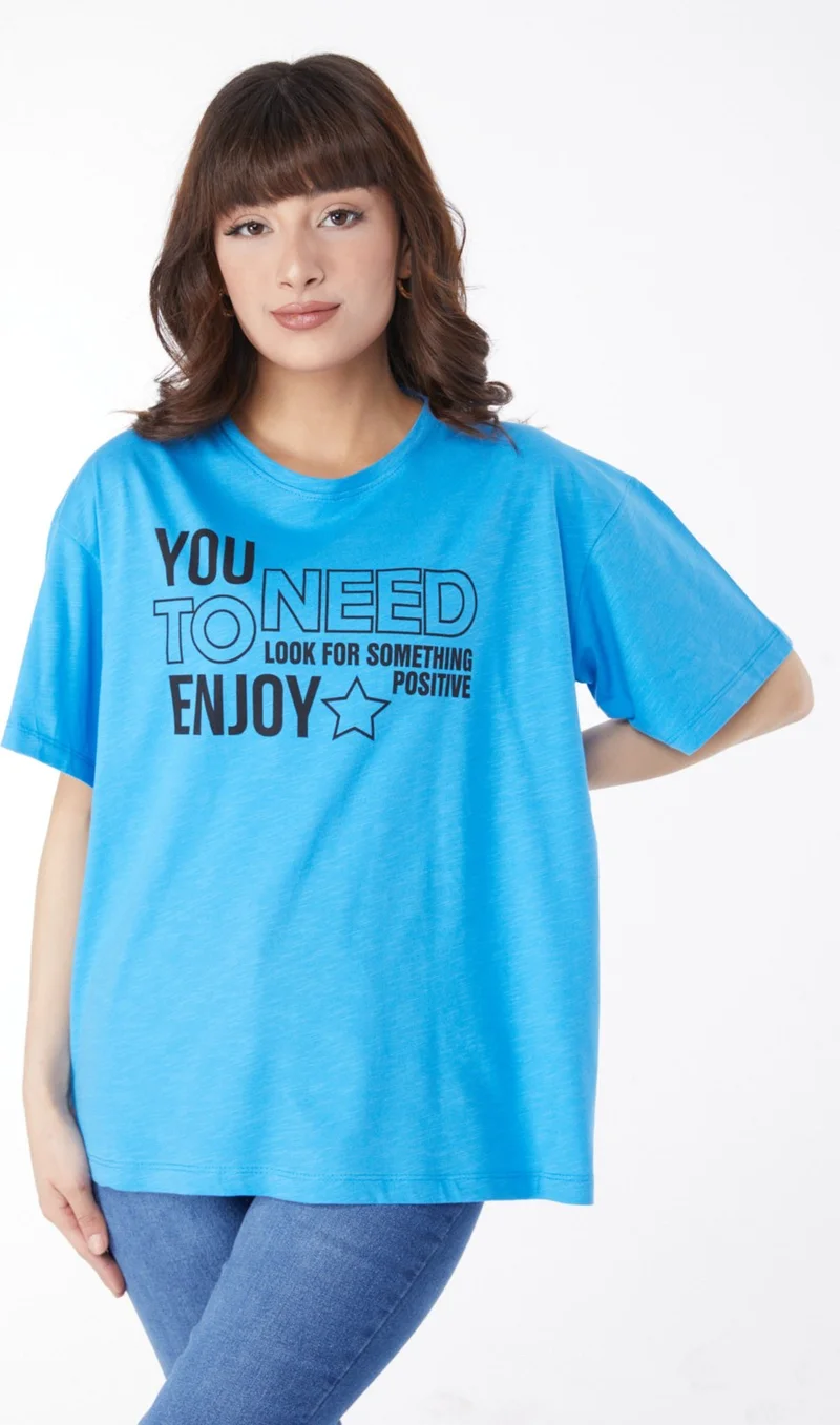 Tofisa Plain Crew Neck Women's Blue Printed T-Shirt - 25175