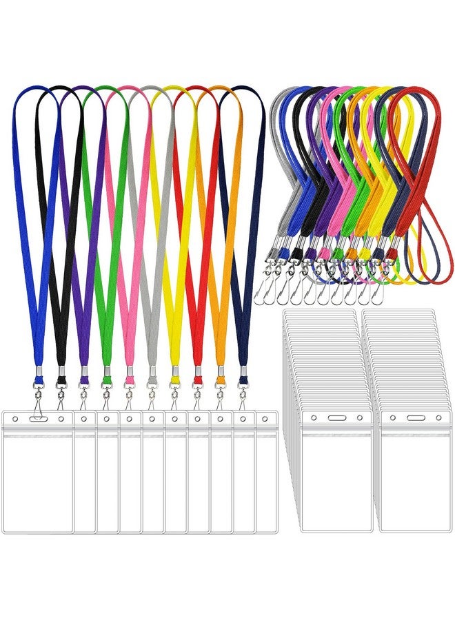 Marspark 100 Sets Name Tag Lanyards With Id Holder Lanyards For Id Badges Clear Name Badges Colored Lanyards Bulk Clip Waterproof Plastic Card Holders For Adults Kids Business School Office Supplies - Image 1