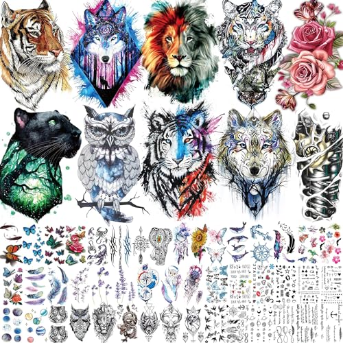 Bilizar 56 Sheets Watercolor Owl Tiger Lion Temporary Tattoos For Women Men Body Art Arm Thigh, 3D Long Lasting Realistic Fake Tattoo Sleeve Stickers For Adults, Wolf Fox Leopard Bulk Temp Tatoos Kids - Image 1