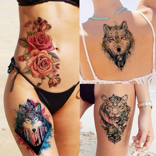 Bilizar 56 Sheets Watercolor Owl Tiger Lion Temporary Tattoos For Women Men Body Art Arm Thigh, 3D Long Lasting Realistic Fake Tattoo Sleeve Stickers For Adults, Wolf Fox Leopard Bulk Temp Tatoos Kids - Image 2