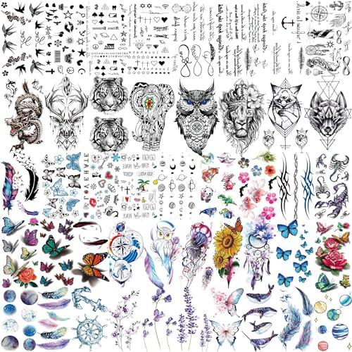 Bilizar 56 Sheets Watercolor Owl Tiger Lion Temporary Tattoos For Women Men Body Art Arm Thigh, 3D Long Lasting Realistic Fake Tattoo Sleeve Stickers For Adults, Wolf Fox Leopard Bulk Temp Tatoos Kids - Image 5