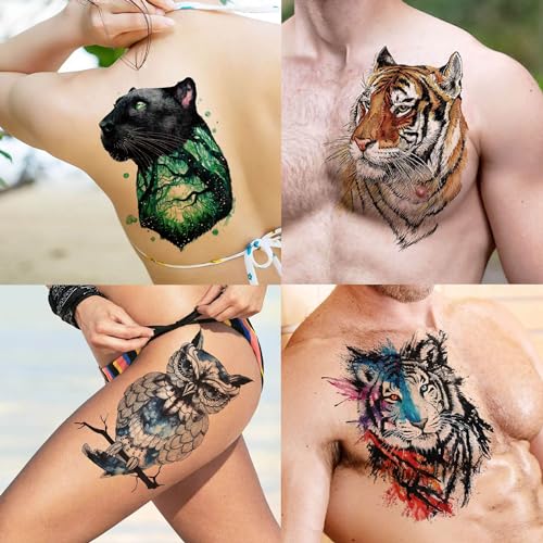 Bilizar 56 Sheets Watercolor Owl Tiger Lion Temporary Tattoos For Women Men Body Art Arm Thigh, 3D Long Lasting Realistic Fake Tattoo Sleeve Stickers For Adults, Wolf Fox Leopard Bulk Temp Tatoos Kids - Image 3