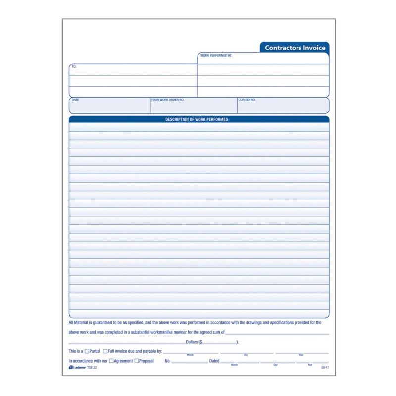 Adams Contractor’s Invoice Book, 3-Part, 50 Sets per Book, 50 Pages (ABFTC8122) - Image 1