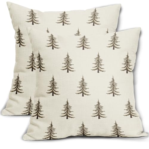 Sivirary Christmas Pillow Covers 18x18 Inch Set of 2 Xmas Tree Brown Cream Decorative Throw Pillowcases Outdoor Winter Farmhouse Holiday Cushion Cases Decor for Sofa Couch Bed - Image 1
