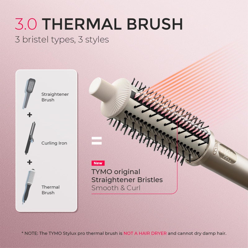 TYMO STYLUX PRO Thermal Brush Curling Brush, 1.5 Inch Blowout Heated Round Volumizer, Hair Straightener and Curler 2 in 1, 800M Negative Ion for Smoother, LCD Display, 5 Temp, Dual Voltage, Gold - Image 3