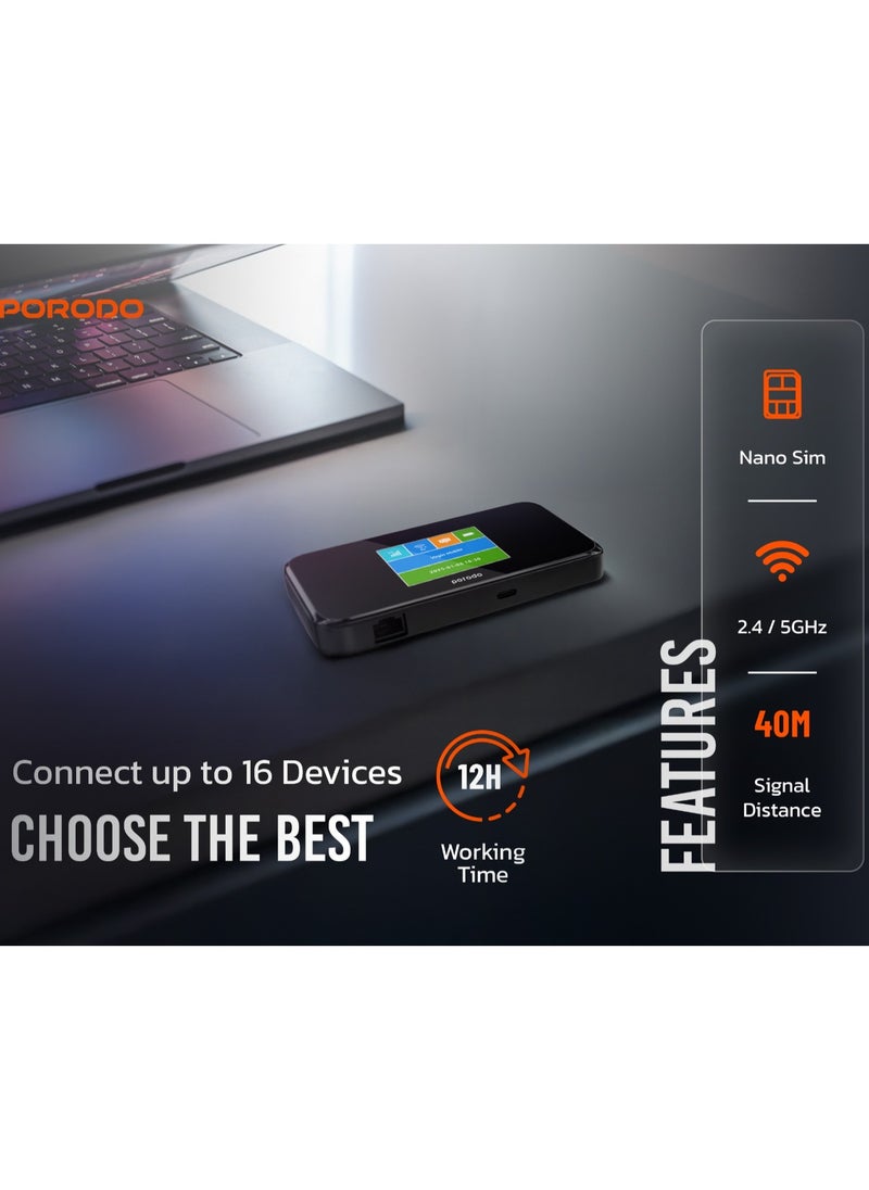 porodo Portable 5G Router High-Speed /Connect Up To 16 Devices /40M Signal Distance / Fast and Secure Internet Connectivity On the Go for Office and Home - Black  - Image 2