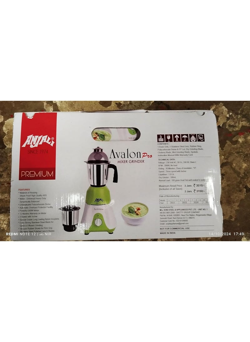 ANJALI - Anjali Avalon Pro 550W Mixer Grinder with 3 Stainless Steel Multipurpose Jars for Juicing | Chutney Making | Dry Grinding | Wet Grinding | 12 Month Warranty | (Green, 3 Jars) - Image 1