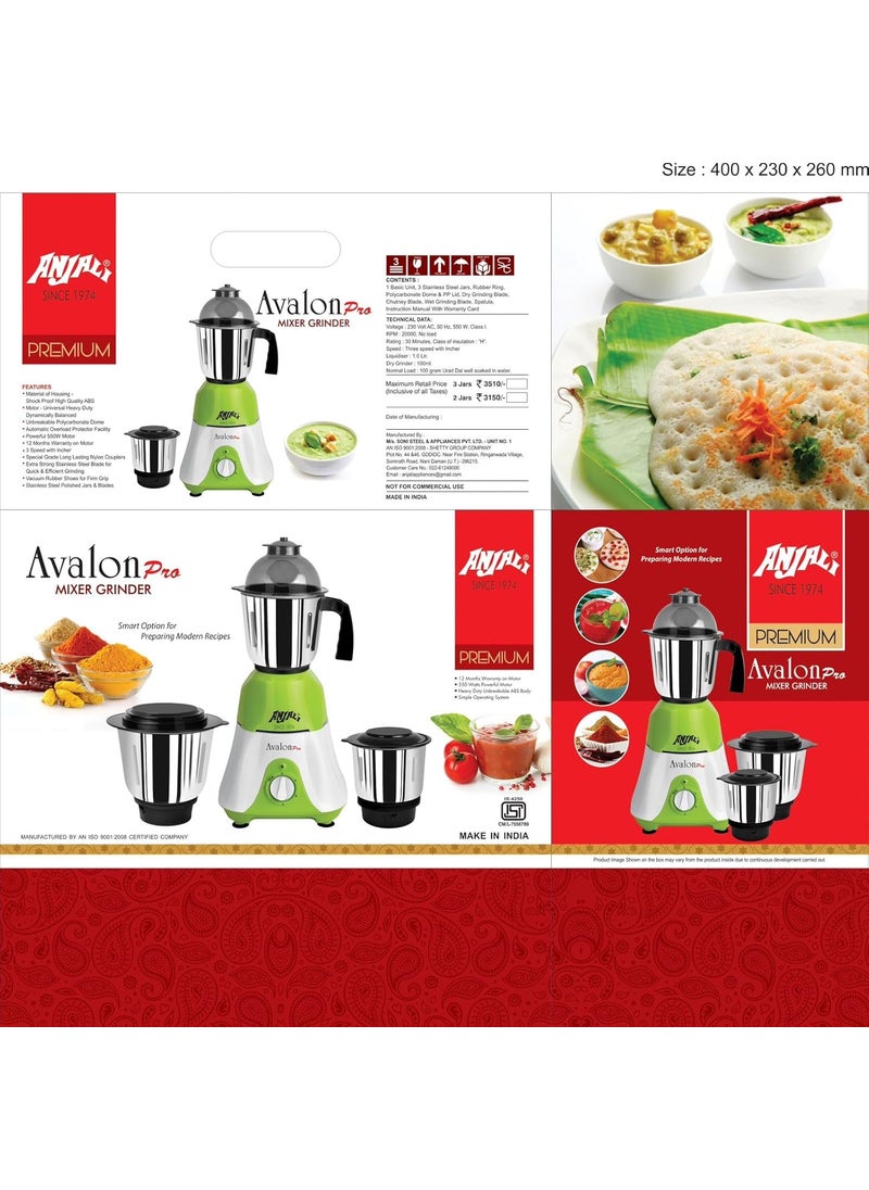 ANJALI - Anjali Avalon Pro 550W Mixer Grinder with 3 Stainless Steel Multipurpose Jars for Juicing | Chutney Making | Dry Grinding | Wet Grinding | 12 Month Warranty | (Green, 3 Jars) - Image 1