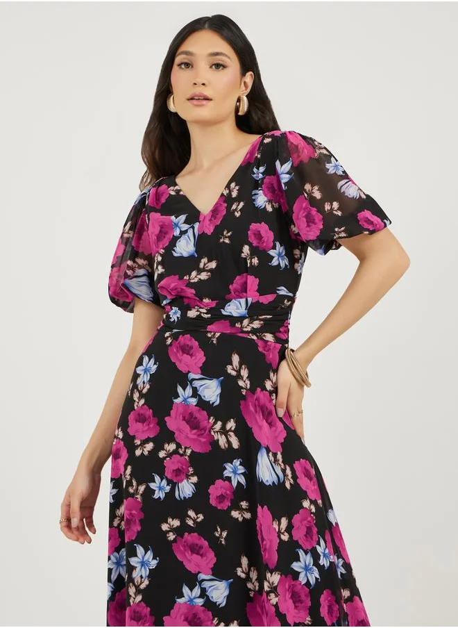Styli All Over Floral Print A-Line Maxi Dress