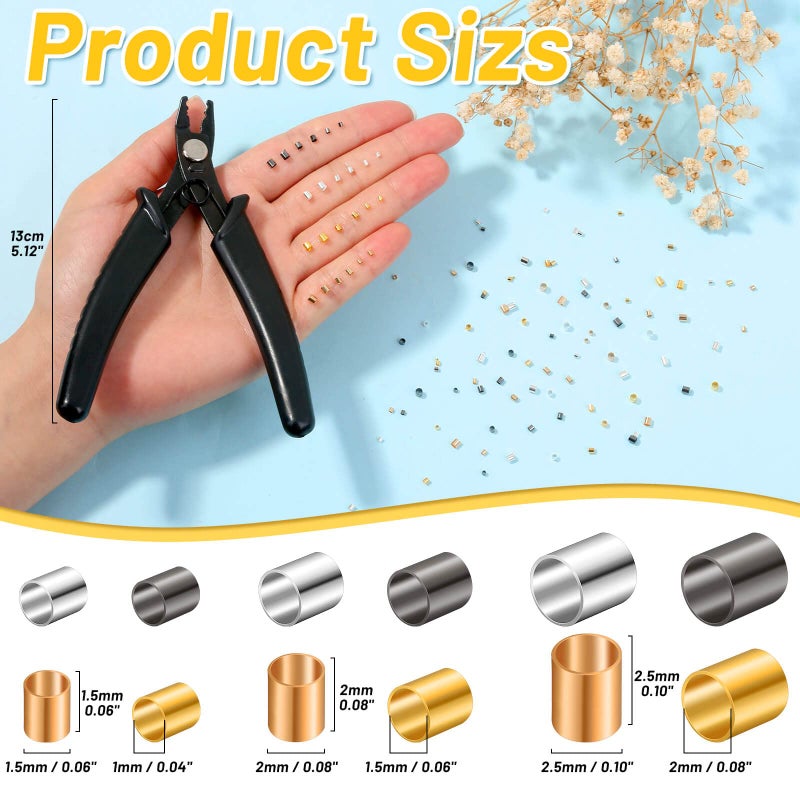 Thrilez Crimping Beads for Jewelry Making, 2200 Pieces Crimp Tubes with Crimping Pliers for Earring Necklace Bracelet DIY Jewelry Making(3 Sizes, 4 Colors) - Image 2