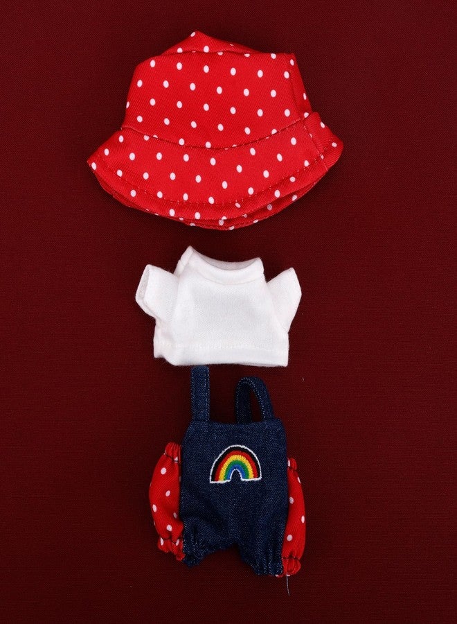 Penitue Doll Clothes Set, Cute 17cm Doll Costumes Including Rainbow Overalls White T-Shirt & Polka Dot Bucket Hat Fashion Outfit Clothing Accessories Supplies (Red) - Image 3