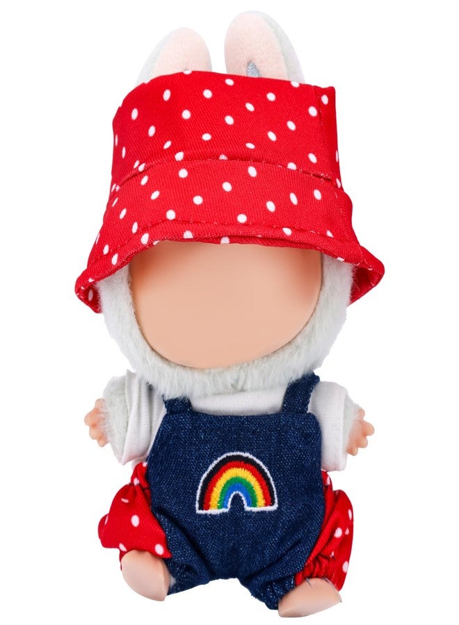 Penitue Doll Clothes Set, Cute 17cm Doll Costumes Including Rainbow Overalls White T-Shirt & Polka Dot Bucket Hat Fashion Outfit Clothing Accessories Supplies (Red) - Image 1