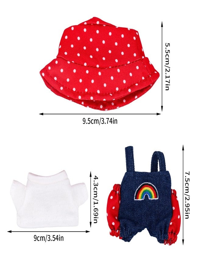 Penitue Doll Clothes Set, Cute 17cm Doll Costumes Including Rainbow Overalls White T-Shirt & Polka Dot Bucket Hat Fashion Outfit Clothing Accessories Supplies (Red) - Image 2