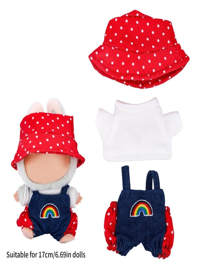Penitue Doll Clothes Set, Cute 17cm Doll Costumes Including Rainbow Overalls White T-Shirt & Polka Dot Bucket Hat Fashion Outfit Clothing Accessories Supplies (Red) - Image 5