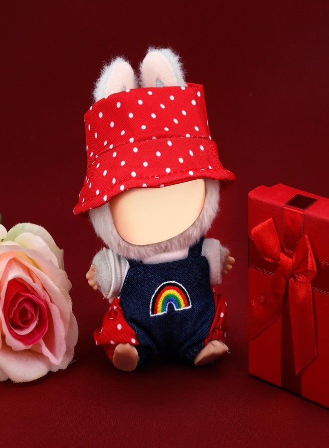 Penitue Doll Clothes Set, Cute 17cm Doll Costumes Including Rainbow Overalls White T-Shirt & Polka Dot Bucket Hat Fashion Outfit Clothing Accessories Supplies (Red) - Image 4