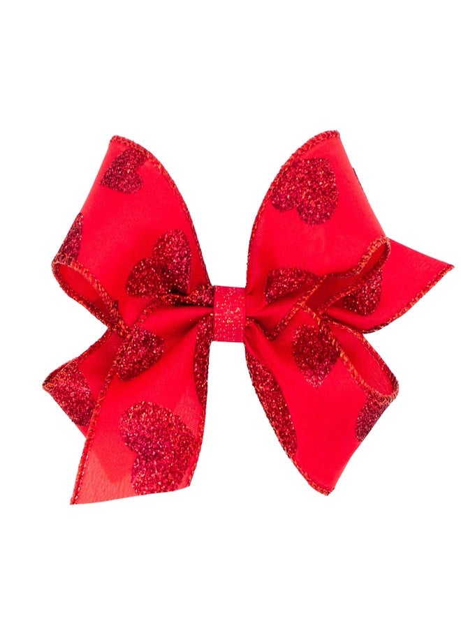 Wee Ones Girls' Heart Print Hair Bow on WeeStay no-slip clip, Taffeta Glitter, Medium, Red - Image 1