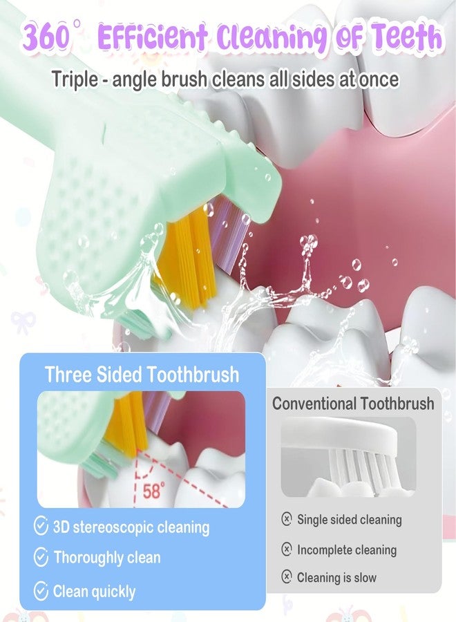 CoolShef فرشاة أسنان CoolShef ثلاثية الجوانب للأطفال والرضع، شعيرات ناعمة مع مكشطة للسان، تنظيف عميق 360 درجة، فرشاة تدريب أسنان للأطفال من عمر 1-8 سنوات، مقبض مريح للعناية اللطيفة بالفم، عبوة من 3 قطع - Image 2