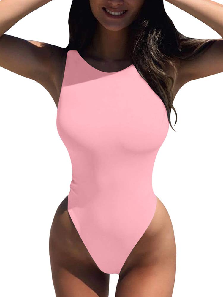LCNBA Women's Sexy High Neck Sleeveless Bodysuit Basic Top Bodysuit Jumpsuit Pink S - Image 1
